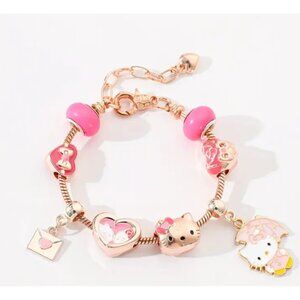 Hello Kitty Charm Bracelet – Pink Beaded Adjustable Bracelet with Cute Charms